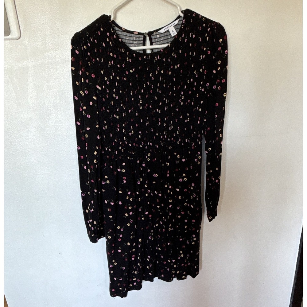 Popsugar S Black Floral Smocked T-Shirt Dress Round Neck Long Sleeve Short